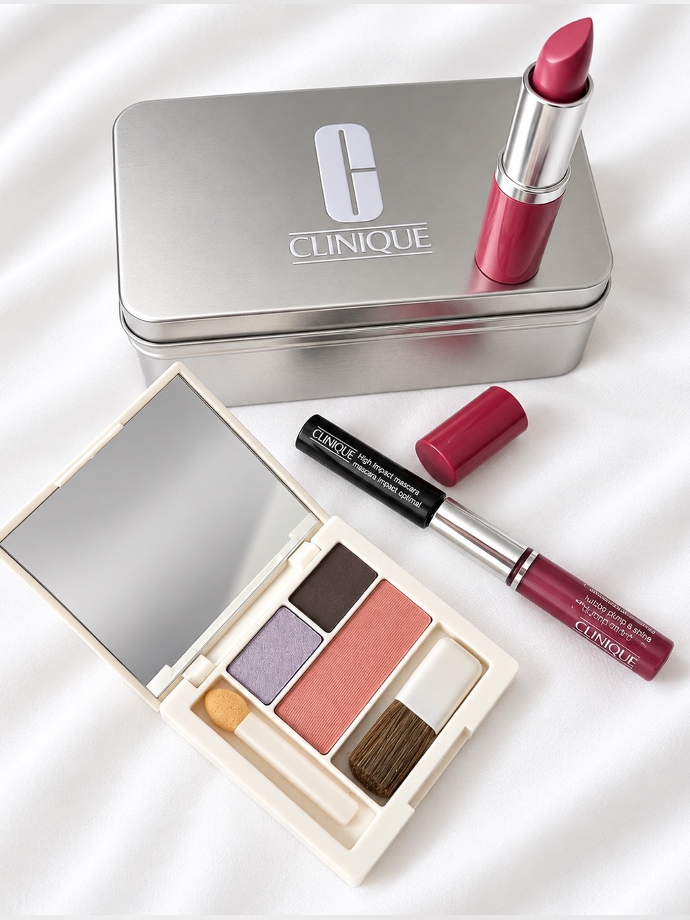 Clinique Lipstick & Eye Palette Set, mini mascara with a lipgloss and silver box